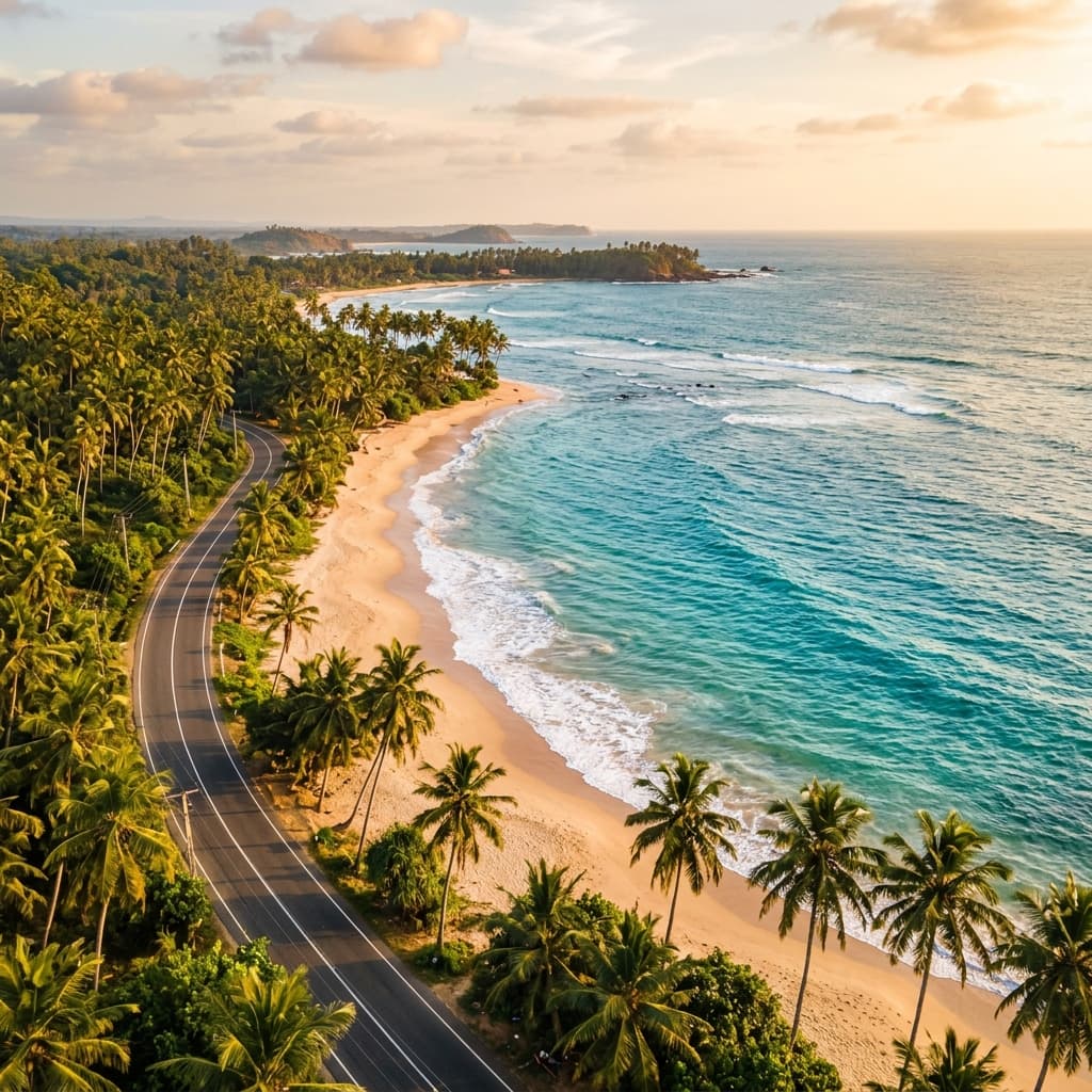 Scenic coastal road along the south coast near Ahangama Sri Lanka